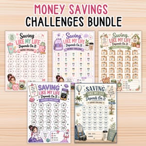 May include: A Money Savings Challenges Bundle featuring five printed sheets with the text Saving Like My Life Depends On It. Each sheet includes numbered boxes from 1 to 25, goal trackers, and colourful illustrations of piggy banks, space themes, and nature.
