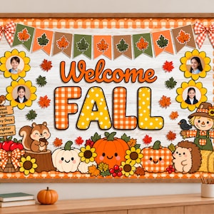 Może przedstawiać: Dekoracyjna tablica ogłoszeniowa z napisem Welcome FALL wykonanym z pomarańczowo-żółtych liter w kratkę i kropki. Tablica zawiera jesienne ilustracje dyń, słoneczników, wiewiórki, jeża oraz stracha na wróble.