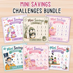 May include: A bundle of six square Mini Savings Challenges cards featuring colorful illustrations of a unicorn, penguin, piggy bank, astronaut, teddy bear, and panda. Each card includes numbered circles from 1 to 9 and the text SAVE $45.