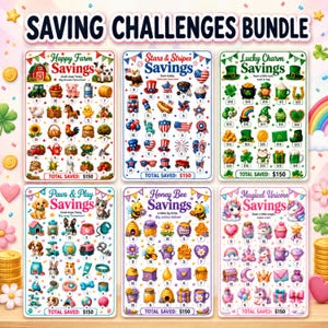 May include: A set of six colourful saving challenge cards titled Saving Challenges Bundle. Each card features themed illustrations like farm animals, patriotic symbols, lucky charms, pets, bees, and unicorns with circles for tracking $150 in savings.