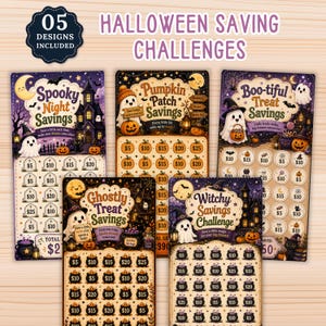 May include: Five Halloween-themed savings challenge cards featuring illustrations of ghosts, pumpkins, haunted houses, and black cats. Each card includes circular scratch-off areas with dollar amounts, titled Spooky Night, Pumpkin Patch, Boo-tiful Treat, Ghostly Treat, and Witchy Savings.
