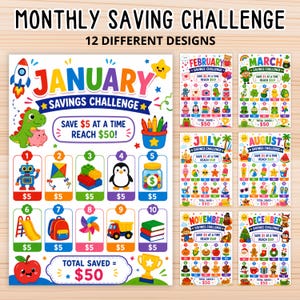 May include: A set of twelve monthly savings challenge sheets featuring colorful illustrations and text. Each sheet includes a monthly title, a goal to save $5 at a time to reach $50, and ten numbered boxes with icons like robots, toys, and seasonal items.