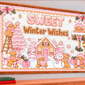 May include: A rectangular wall sign featuring the text "SWEET Winter Wishes" in brown and pink. The illustration depicts gingerbread characters, a pink Christmas tree, a gingerbread house, a snowman, and gifts, all framed by a pink gingham border.