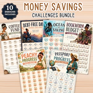 May include: A collection of six printed money savings challenge sheets featuring various themes like coffee, debt-free, ocean, bookworm, peach, and travel. Each sheet includes illustrated characters, specific savings goals, and numbered icons to track progress.