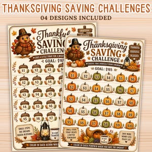 Puede incluir: Dos hojas de desafío de ahorro de Acción de Gracias con un pavo con sombrero, hojas de otoño y filas de bellotas o calabazas con montos en dólares. El texto incluye "THANKSGIVING SAVING CHALLENGES", "GOAL: $165" y "SMALL STEPS BIG DREAMS BIGGER BLESSINGS".