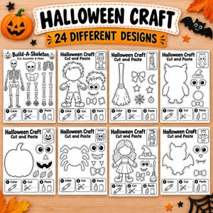 Może przedstawiać: Zestaw ośmiu czarno-białych arkuszy z wycinankami na Halloween, zawierający wzory do wycinania i wklejania, takie jak szkielet, potwór, miotła, sowa, dynia, pająk, dziewczynka i nietoperz, z instrukcjami kolorowania, wycinania i klejenia.
