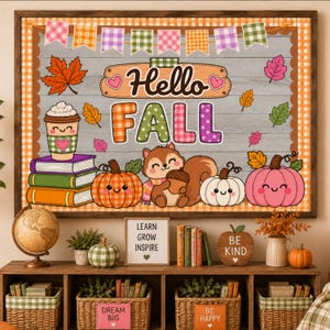 May include: A framed wall art print featuring a gray wood-plank background with the text Hello FALL, a coffee cup, a stack of books, a squirrel holding an acorn, and pumpkins. The design includes colorful plaid bunting and autumn leaves.