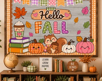 Pode incluir: Uma impressão de parede emoldurada com fundo de tábuas de madeira cinza, o texto Hello FALL, uma chávena de café, uma pilha de livros, um esquilo com uma bolota e abóboras. O design inclui bandeirolas xadrez e folhas de outono.
