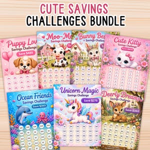 May include: A bundle of seven colourful savings challenge sheets featuring cartoon animals including a puppy, cow, bunny, kitten, dolphin, octopus, unicorn, and deer. Each sheet displays a unique theme, dollar amounts to save, and titles like Puppy Love, Moo-Moo, Bunny Besties, Cute Kitty, Ocean Friends, Unicorn Magic, and Deerly Dreams.