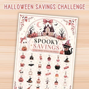 Pode incluir: Uma folha de rastreamento de desafio de poupança de Halloween com uma casa assombrada, um fantasma e um gato preto. O texto diz SPOOKY SAVINGS e HALLOWEEN SAVINGS CHALLENGE. Inclui uma grade de trinta quadrados numerados com ícones rosa e pretos.