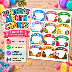 Puede incluir: Un gráfico imprimible de meses de cumpleaños con doce marcos rectangulares coloridos, cada uno decorado con iconos estacionales para cada mes de enero a diciembre. El gráfico incluye el texto Birthday Month Charts y A special day for everyone, en formato PDF de 21,59 x 27,94 cm.