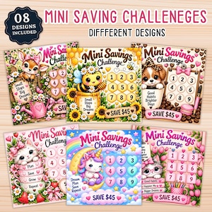Könnte beinhalten: Ein Set aus acht druckbaren Mini-Spar-Challenge-Karten mit farbenfrohen Illustrationen von Tieren wie einem Reh, einer Biene, einem Welpen, einer Katze und einem Einhorn. Jede Karte zeigt den Text Mini Savings Challenge, nummerierte Felder und SAVE $45.