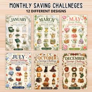 May include: A set of six monthly savings challenge trackers featuring seasonal illustrations for January, March, May, July, October, and December. Each card includes a title, savings goal text, and small icons to mark progress toward a £30 total.