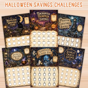 May include: A set of five Halloween savings challenge trackers featuring dark, atmospheric illustrations of cats, pumpkins, ghosts, and lanterns. Each sheet includes labelled sections for tracking funds with designated shapes for marking progress.