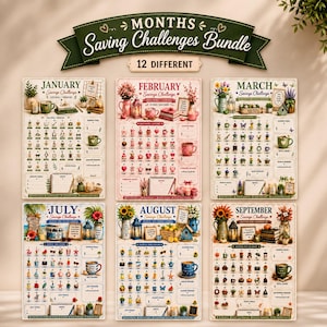 May include: A digital printable savings challenge bundle featuring six monthly sheets for January, February, March, July, August, and September. Each sheet includes themed illustrations, a grid of icons for tracking savings, a goal section, and notes.
