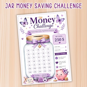 Pode incluir: Uma folha de papel branca intitulada JAR MONEY SAVING CHALLENGE com a ilustração de um grande frasco de vidro com um laço xadrez roxo, um pingente de coração dourado e ícones em forma de coração com valores em dólares e texto.