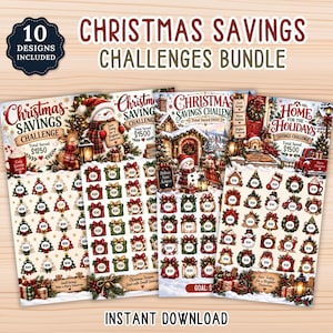Può includere: Un set di sfide di risparmio natalizio composto da quattro fogli stampati con grafiche festive, tra cui pupazzi di neve, regali e alberi di Natale. Ogni foglio contiene diverse icone circolari con il testo $50 per monitorare gli obiettivi.