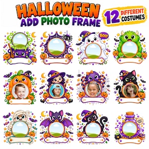 May include: A digital collection of 12 Halloween add photo frames featuring cartoon characters including a ghost, monster, witch, cat, spider, and mummy. Each frame has a circular space for a photo, a blank label area, and festive decorations like pumpkins, stars, and bats. The text reads HALLOWEEN ADD PHOTO FRAME 12 DIFFERENT COSTUMES.
