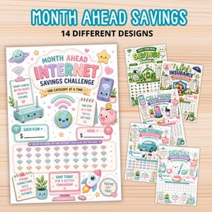 May include: A set of 14 printable savings challenge sheets featuring colourful, cartoon-style illustrations. The main sheet is titled Month Ahead Internet Savings Challenge and includes icons of a planet, piggy bank, and computer, with spaces to track financial goals.