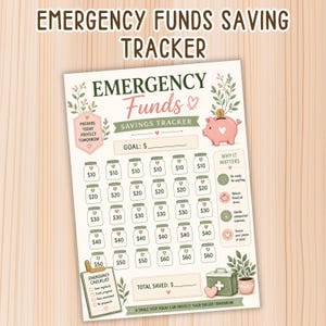 Puede incluir: Una hoja impresa de seguimiento de ahorros de emergencia con una alcancía rosa, ilustraciones florales y una cuadrícula de iconos de frascos etiquetados con montos en dólares de $10 a $60. La página incluye secciones de texto para metas y una lista.