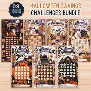 May include: A Halloween savings challenges bundle featuring 08 designs. Each sheet displays festive illustrations of ghosts, black cats, pumpkins, and lanterns with numbered tracking grids for financial goals, all labelled with the text Halloween Savings Challenge.