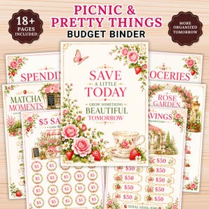 Può includere: Un set di raccoglitori per il budget intitolato Picnic & Pretty Things che include 18 pagine con illustrazioni di fiori e fragole. La copertina mostra il testo Save A Little Today Grow Something Beautiful Tomorrow accanto a una tazza.