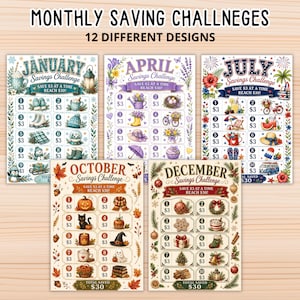 Op de afbeelding: Een verzameling van vijf maandelijkse spaarchallenge-bladen met seizoensgebonden illustraties en genummerde rasters voor het bijhouden van stappen van $3. Elk blad bevat tekst zoals Monthly Saving Challneges, 12 Different Designs en maandnamen zoals January, April, July, October en December.