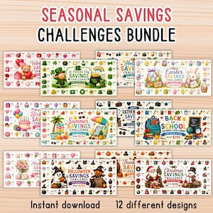 May include: A collection of 12 rectangular paper savings challenge trackers featuring seasonal themes including Valentine's Day, St. Patrick's Day, Easter, birthdays, summer, Father's Day, back to school, Mother's Day, Thanksgiving, Halloween, and Christmas.