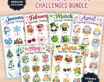Op de afbeelding: Een 12-maanden spaarchallenge-bundel met kleurrijke geïllustreerde trackers voor januari tot en met juni. Elk blad toont seizoensgebonden iconen zoals sneeuwpoppen, hartjes, klavertjes, konijntjes, bijen en stranditems met cirkels van $5 of $10 voor voortgang.