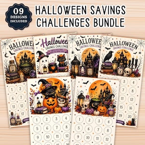 Könnte beinhalten: Ein Halloween-Spar-Challenge-Paket mit 9 Designs, die gruselige Illustrationen von Geistern, schwarzen Katzen, Kürbissen, Spukhäusern und Kesseln zeigen. Jede Karte enthält nummerierte Kreise zur Verfolgung von Sparzielen in Orange und Schwarz.