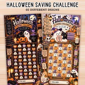 May include: Two Halloween savings challenge trackers featuring illustrations of ghosts, black cats, pumpkins, and potions. Each sheet includes numbered icons from 1 to 50 for tracking progress, with text including Halloween Savings Challenge, Spooky Savings Club, and Discipline Creates Freedom.