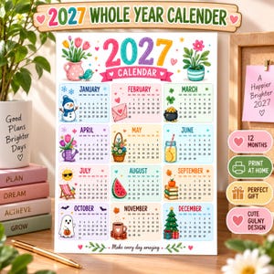 以下が含まれることがあります： 2027年の壁掛けカレンダー。12ヶ月分のカラフルなグリッドが並び、雪だるま、花、スイカ、クリスマスツリーなどの季節のイラストが描かれています。ヘッダーには「2027 WHOLE YEAR CALENDER」と記されています。