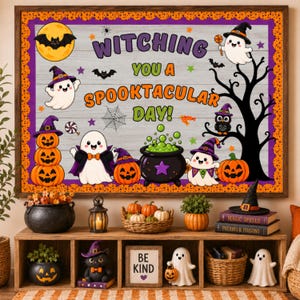 Pode incluir: Um quadro decorativo de Halloween com o texto "WITCHING YOU A SPOOKTACULAR DAY!" rodeado por ilustrações de fantasmas, abóboras, um gato preto, uma coruja, um caldeirão, morcegos e uma teia de aranha num fundo de madeira clara.