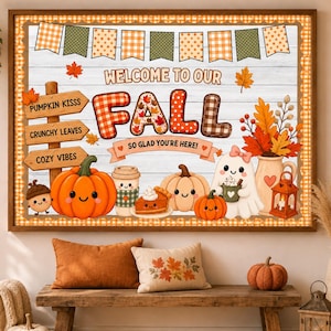May include: A rectangular wall sign featuring a white wood-plank background with a banner of orange and green pennants. The text reads WELCOME TO OUR FALL SO GLAD YOU'RE HERE, accompanied by illustrations of pumpkins, a ghost, and autumn leaves.
