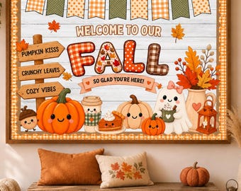 May include: A rectangular wall sign featuring a white wood-plank background with a banner of orange and green pennants. The text reads WELCOME TO OUR FALL SO GLAD YOU'RE HERE, accompanied by illustrations of pumpkins, a ghost, and autumn leaves.