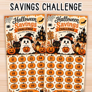 Puede incluir: Dos rastreadores idénticos de desafío de ahorro de Halloween con un fantasma con sombrero de bruja, un gato negro, calabazas y una casa embrujada. El texto dice Halloween Savings Challenge, Save a little, Spook a lot! y Trick or Treat. Incluye veinte iconos de calabaza etiquetados de $1 a $20.