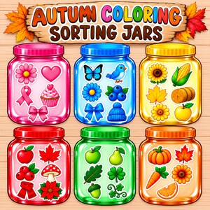 Tarros de clasificación de colores otoñales / Actividad de clasificación de otoño para niños / Imprimible para combinar colores / Actividad de aprendizaje preescolar / PDF A4