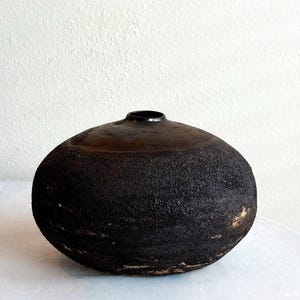 Handmade Black Ceramic Vase, Magma Glaze Stoneware, Bronze Gold Art Decor