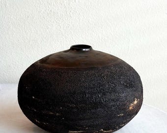 Handmade Black Ceramic Vase, Magma Glaze Stoneware, Bronze Gold Art Decor