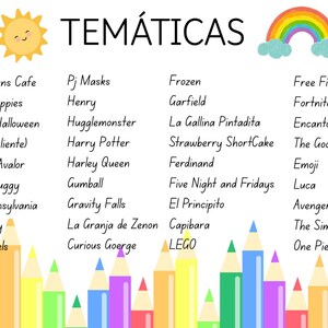 Puede incluir: Un póster colorido con la palabra "TEMÁTICAS" en la parte superior, con un sol sonriente y un arcoíris. El póster enumera varios temas como "Frozen", "Harry Potter" y "Avengers", con una fila de lápices de colores en la parte inferior.