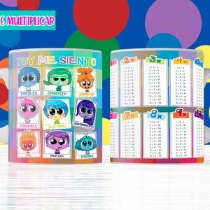 Puede incluir: Taza de cerámica blanca con personajes de dibujos animados coloridos y tablas de multiplicar. La taza tiene el texto "HOY ME SIENTO" y "TABLAS DE MULTIPLICAR". El diseño incluye varias emociones y datos de multiplicación.