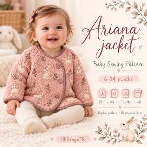 Op de afbeelding: Een digitaal naaipatroon voor de Ariana jas, gemaakt van oudroze textuurfleece met een herhalend patroon van witte konijntjes en bruine takjes. De tekst luidt Ariana jacket, Baby Sewing Pattern, 6-24 months, PDF, A4, US Letter, A0.