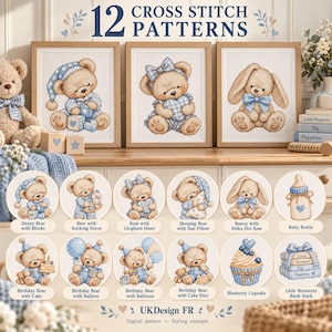 May include: A collection of 12 cross stitch patterns featuring teddy bears, a bunny, a baby bottle, a cupcake, and a book stack. The designs are displayed in three framed prints and circular vignettes with blue and tan color schemes.