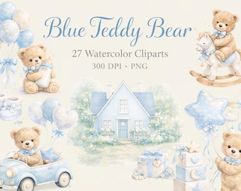Clipart de acuarela de oso de peluche azul – Gráficos para baby shower (PNG, 300 DPI)