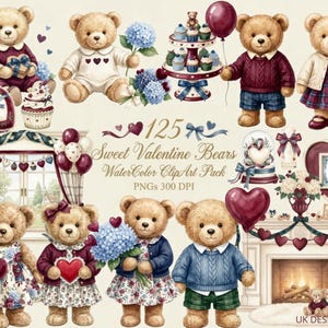 Könnte beinhalten: Aquarell-Clip-Art-Sammlung mit Teddybären in verschiedenen Outfits, die Geschenke, Luftballons und Blumen halten. Die Bären sind im Valentinstag-Thema gehalten, mit Herzen und einem dekorativen Kuchen.