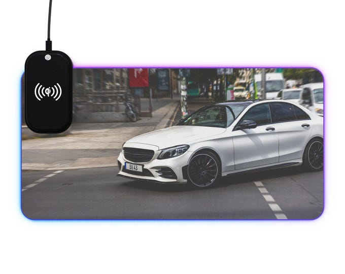 White Sports Sedan Car LED Gaming Mouse Pad with Wireless Charging