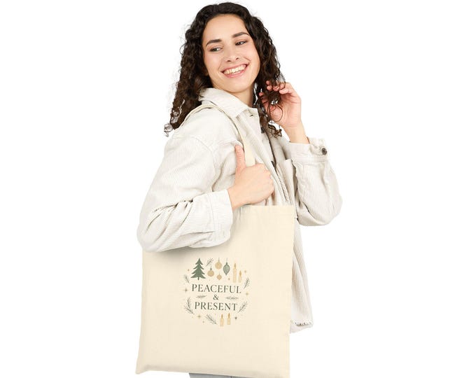 Peaceful & Present Tote Bag | Neutral Holiday Trees and Ornaments Canvas