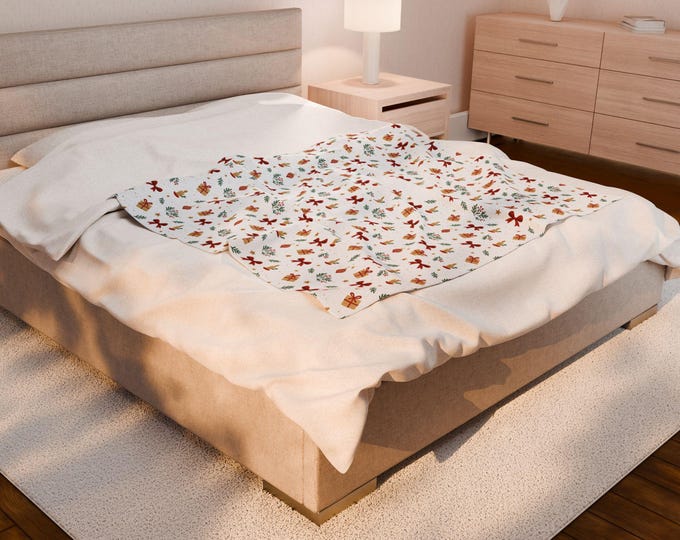 Watercolor Holiday Bows and Greenery Velveteen Blanket | Christmas Pattern
