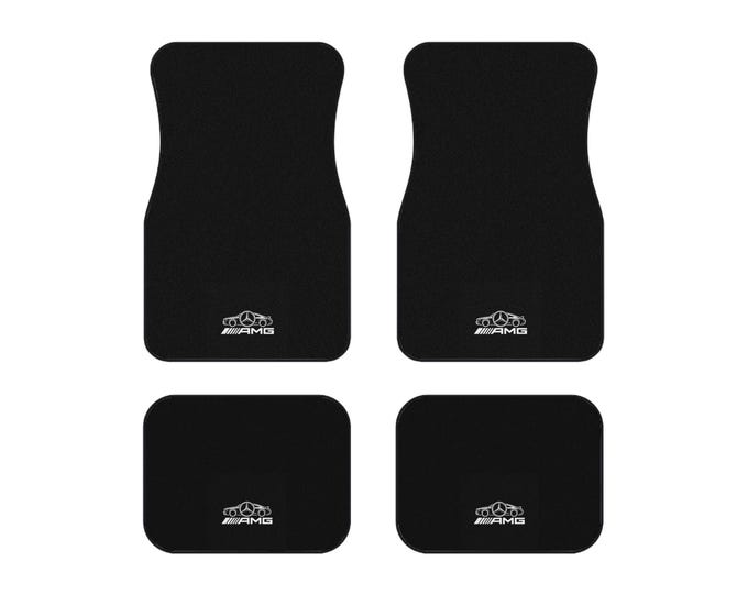 Mercedes AMG Inspired Car Mats | Black Polyester, White Trim
