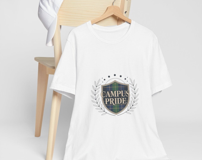 Campus Pride Crest Tee | Plaid Tartan, Collegiate Academic Emblem
